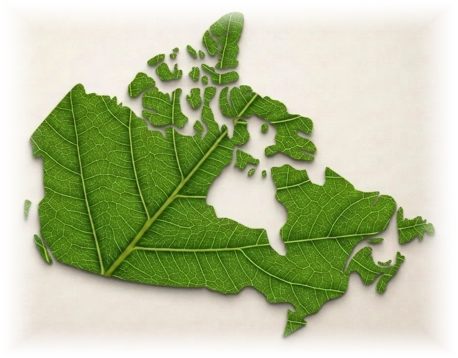 A map of Canada formed from a single green leaf